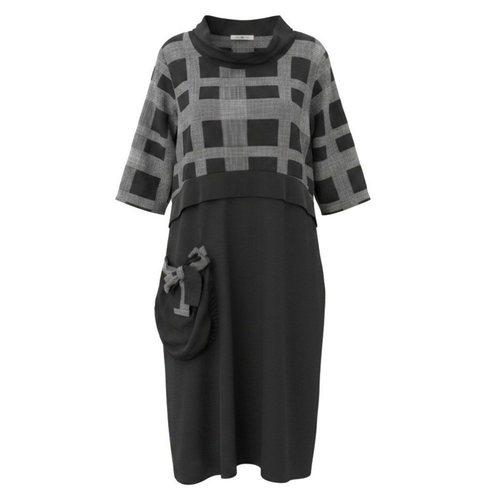 Zedd Plus Black Grey Grid Plaid Lagenlook Midi Dress with Bow Pocket Size 14/16